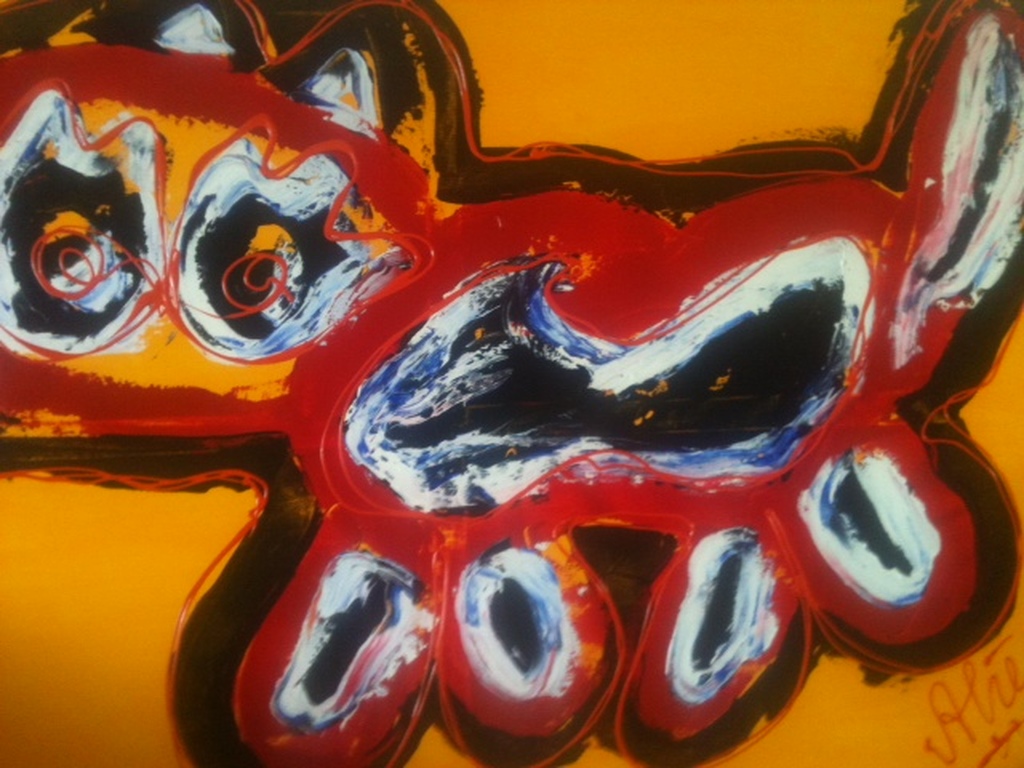 Opvallend acrylverf op doek van "Abie"(groot) verkocht voor € 40!