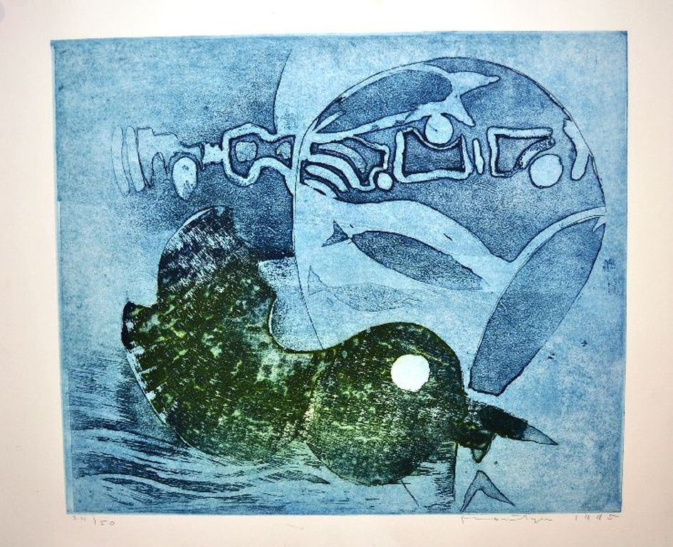 Jan Montijn: Kleurenets. Vogel/Vissen in Blauw verkocht voor € 195!