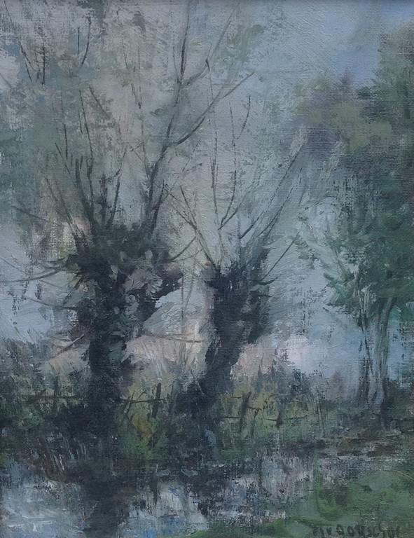 Dorus van Oorschot, olie op doek, bomen in landschap verkocht voor € 75!