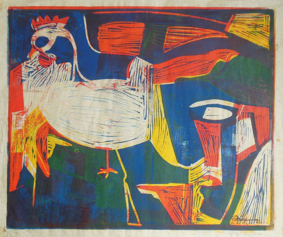 Piet Wiegman (ll): linosnede, Kip kopen? Bied vanaf 48!