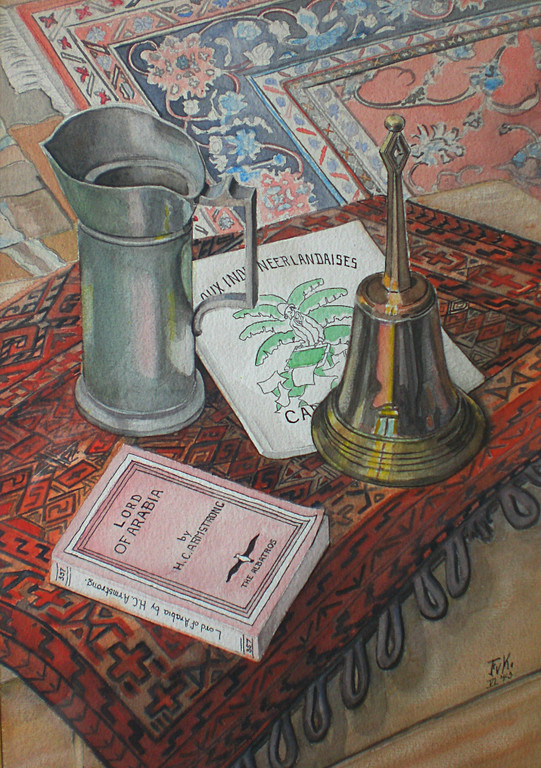 Stilleven met boeken, bel en tinnen kan, aquarel (ingelijst) kopen? Bied vanaf 35!