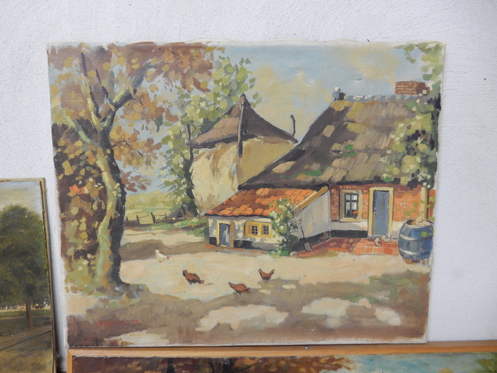 Oud olieverfschilderij boerderij met kippen - daarbij 19 stuks - gesigneerd kopen? Bied vanaf 1!