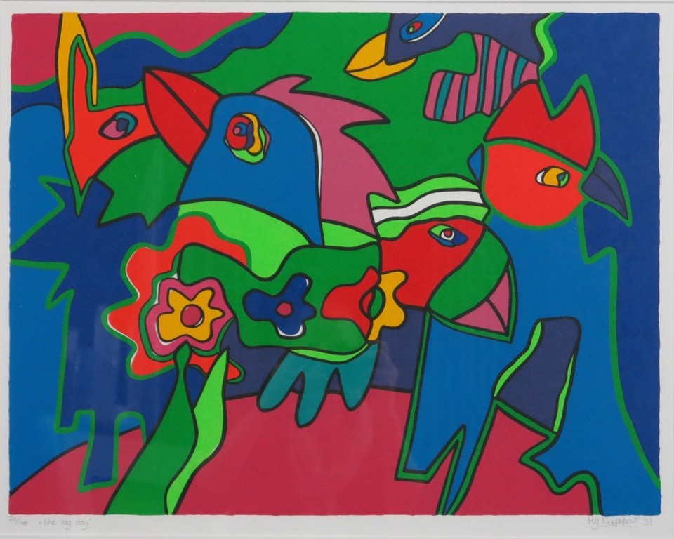 Marianne Naerebout: Zeefdruk, The big day - Ingelijst (Groot) verkocht voor € 100!