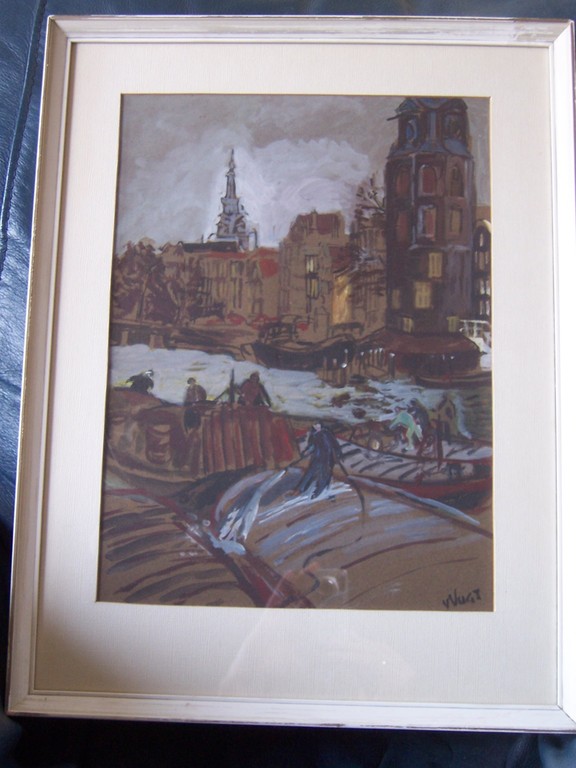Extra verlaagd, laatste aanbod, Huib van Vugt aquarel, Amsterdamse grachtensène verkocht voor € 40!