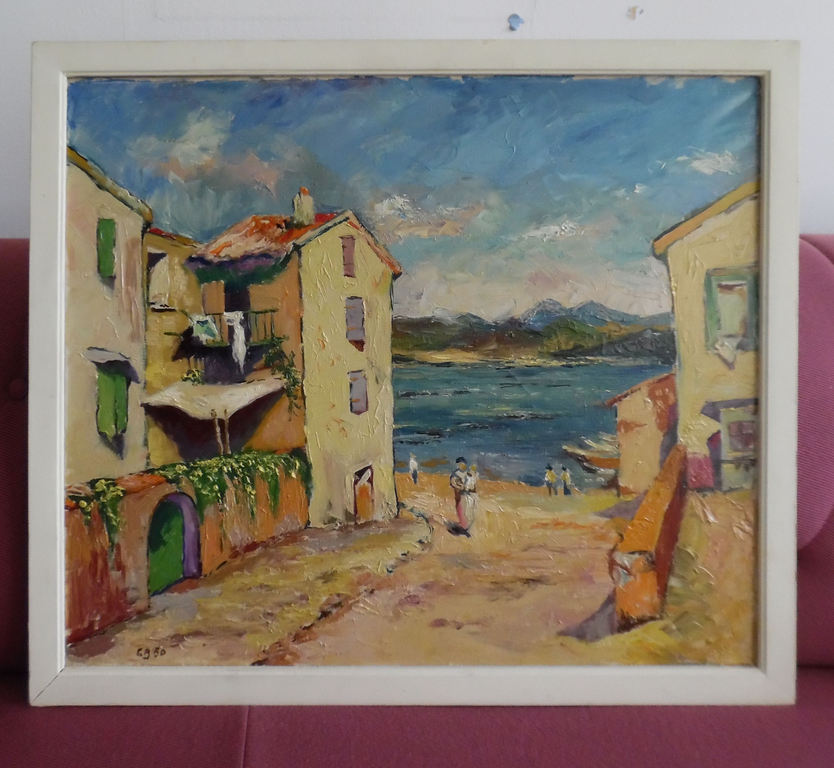 Olie op doek - Zuideuropees straatje - met monogram C.B. kopen? Bied vanaf 20!