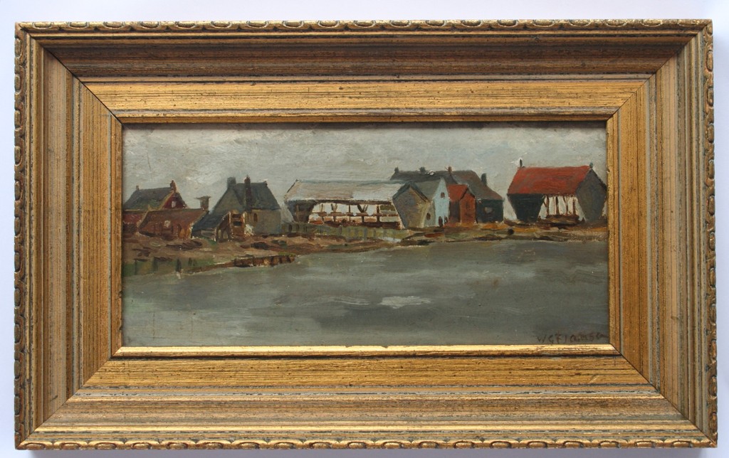 W.G.F. Jansen - olieverf op paneel - visdrogerij en huizen langs de kust kopen? Bied vanaf 120!
