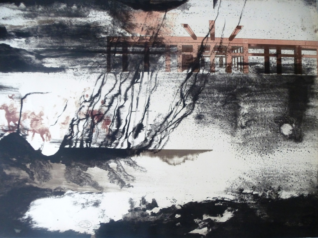 Gerti Bierenbroodspot, zeer grote kleurenlitho: Labyrinth on fire, 1975, handgesigneerd, oplage: 10 stuks verkocht voor € 225!