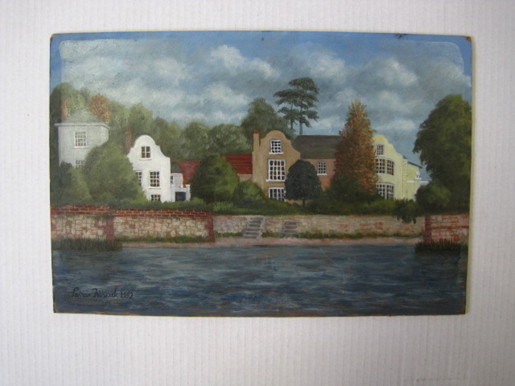 Patricia Fishwick (1929-) olieverf "Dutch houses at Topsham Devon" 1992 kopen? Bied vanaf 1!