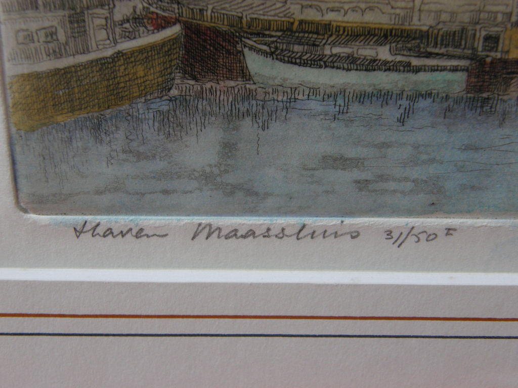 Huib Bijl: kleurenets, haven Maassluis, genummerd en potlood gesigneerd kopen? Bied vanaf 1!