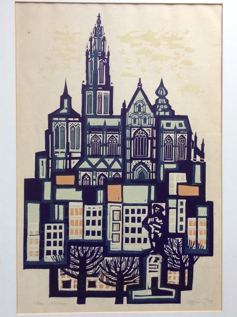 Akke Sins - Antwerpen - grote houtsnede, handgesigneerd. verkocht voor € 90!