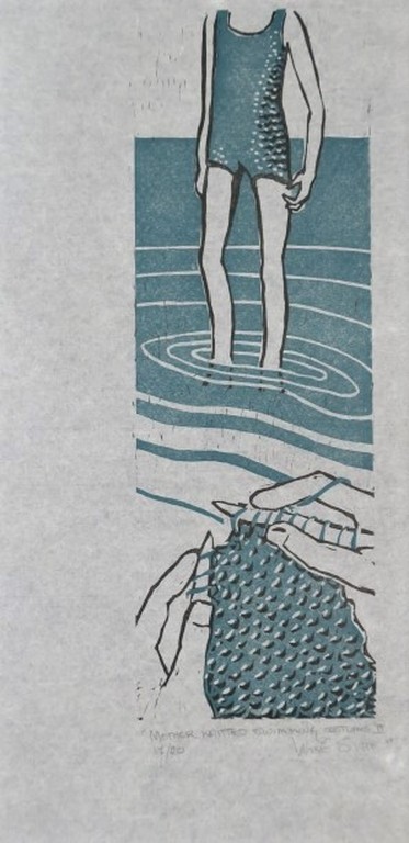 Onbekend gesigneerd: Houtsnede op Rijstpapier, Mother knitted swimming costumes  kopen? Bied vanaf 1!