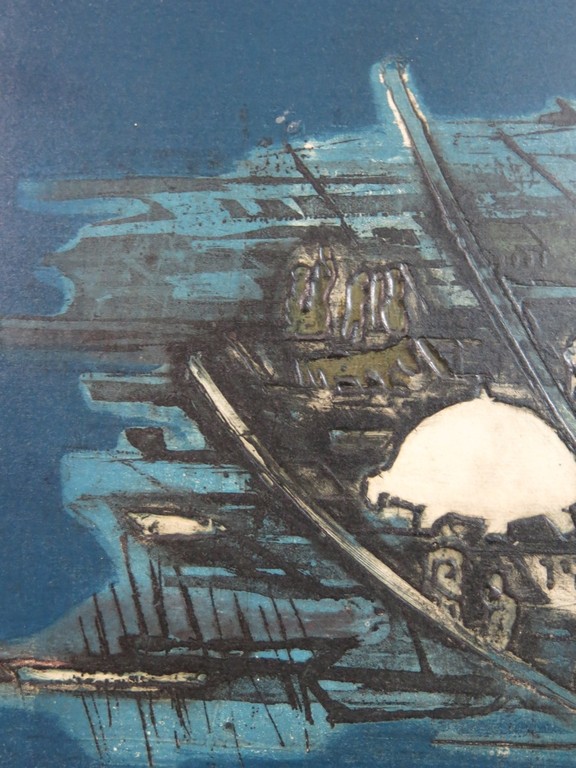 Ru van Rossem: Ets en Reliefdruk op paneel, Blauwe Stad (Acco) - Ingelijst kopen? Bied vanaf 1!