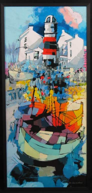 Hendrik van Veenendaal: Zeefdruk op paneel, Vuurtoren I - Ingelijst kopen? Bied vanaf 50!