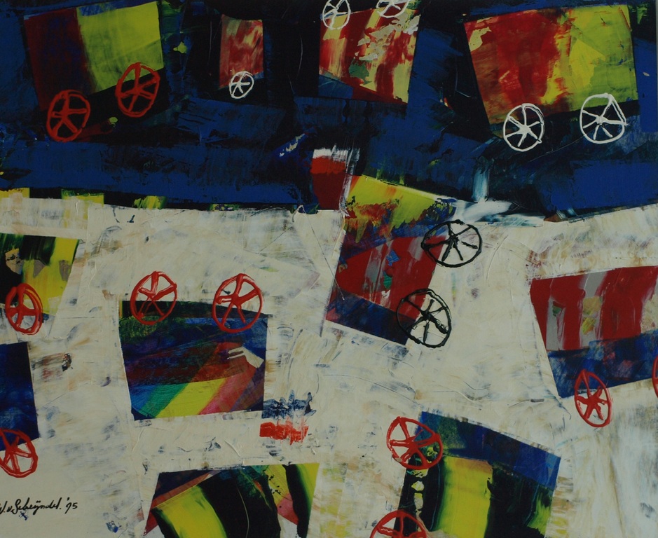 Willem van Scheijndel : Acrylverf – Wielen – gesigneerd & ingelijst – 1995 kopen? Bied vanaf 100!
