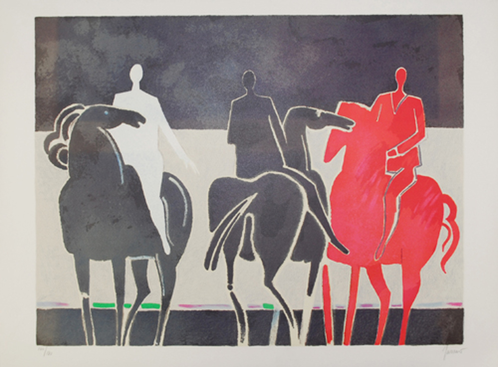 Albert Zavaro -`Les trois cavalier `- kleurenlitho,gesigneerd,oplage 180  verkocht voor € 75!