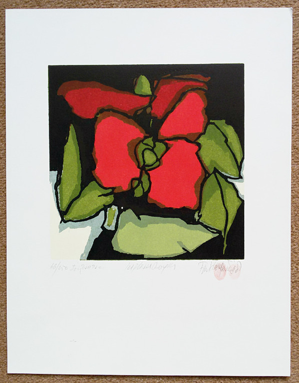 Fon Klement - Les fleurs rouges, hoogdruk boardsnede kopen? Bied vanaf 40!