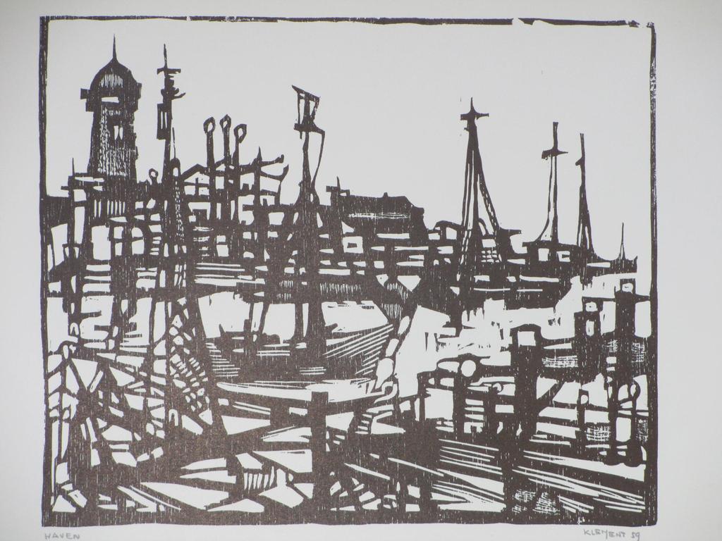 Fon Klement, Haven, Houtsnede 1959 verkocht voor € 50!