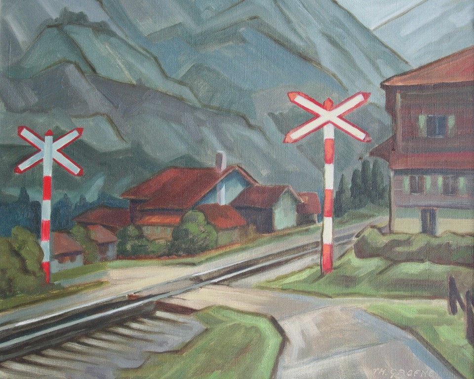 Theo Groeneveld - olieverf op doek - spoorovergang in bergdorp - gesigneerd  kopen? Bied vanaf 75!
