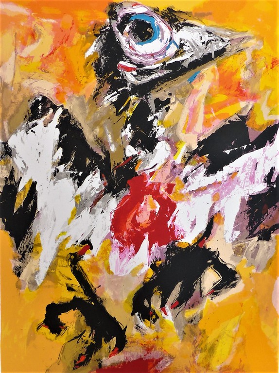 Charlotte molenkamp,zeefdruk op papier,vogel in geel verkocht voor € 100!