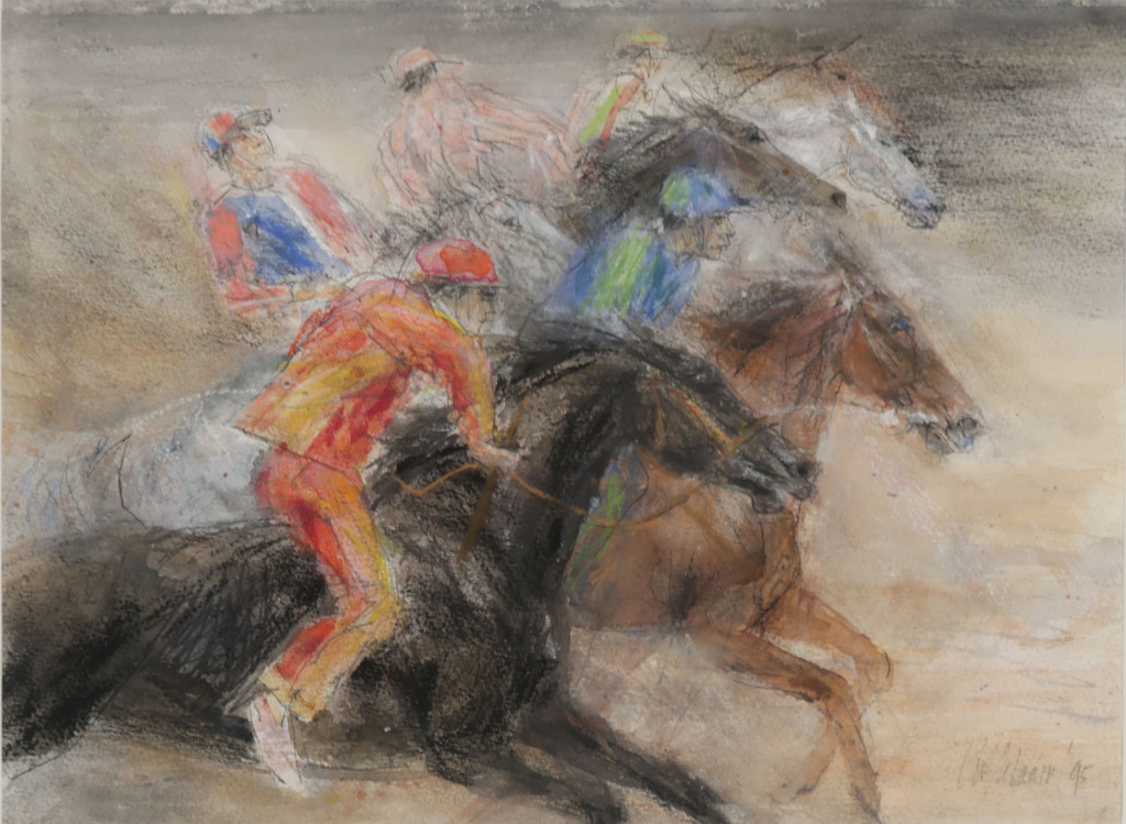 Piet Klaasse: Gemengde techniek op papier, Racepaarden verkocht voor € 50!