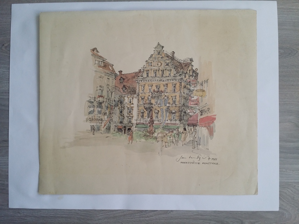 Onbekend. Aquarel en pen. Stadsgezichten 2x kopen? Bied vanaf 1!