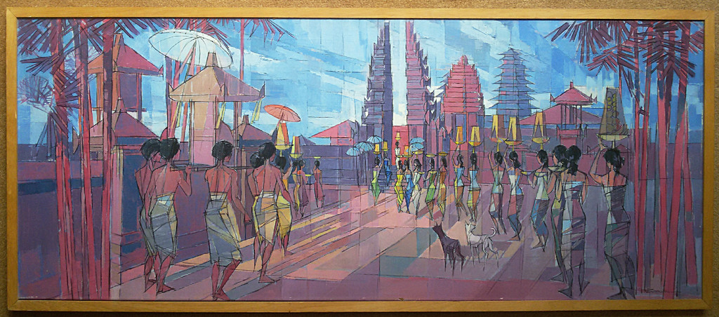 Balinese school - Offerdienst in tempel, verf op doek (bijzonder formaat, groot) kopen? Bied vanaf 150!