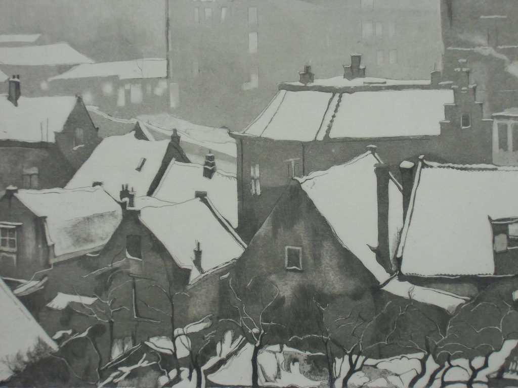 WINTERS STADSGEZICHT / ETS EN AQUATINT VAN CEES BOLDING verkocht voor € 60!