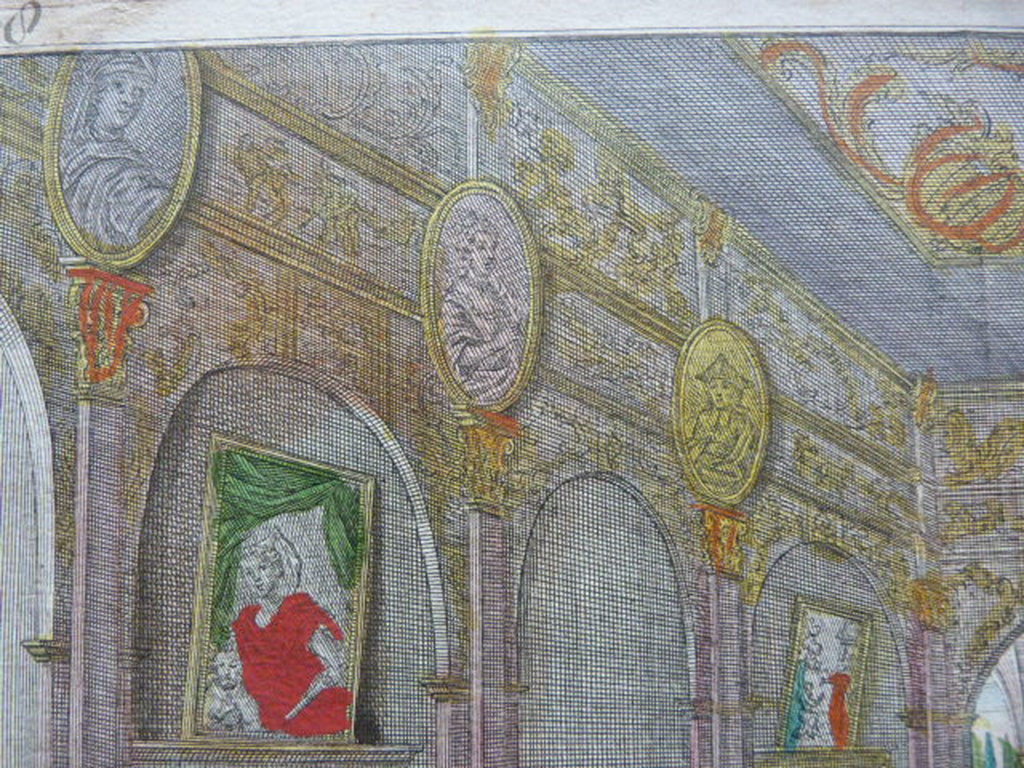 Antieke gravure  -  adelijke ruimte met vele figuren. kopen? Bied vanaf 1!