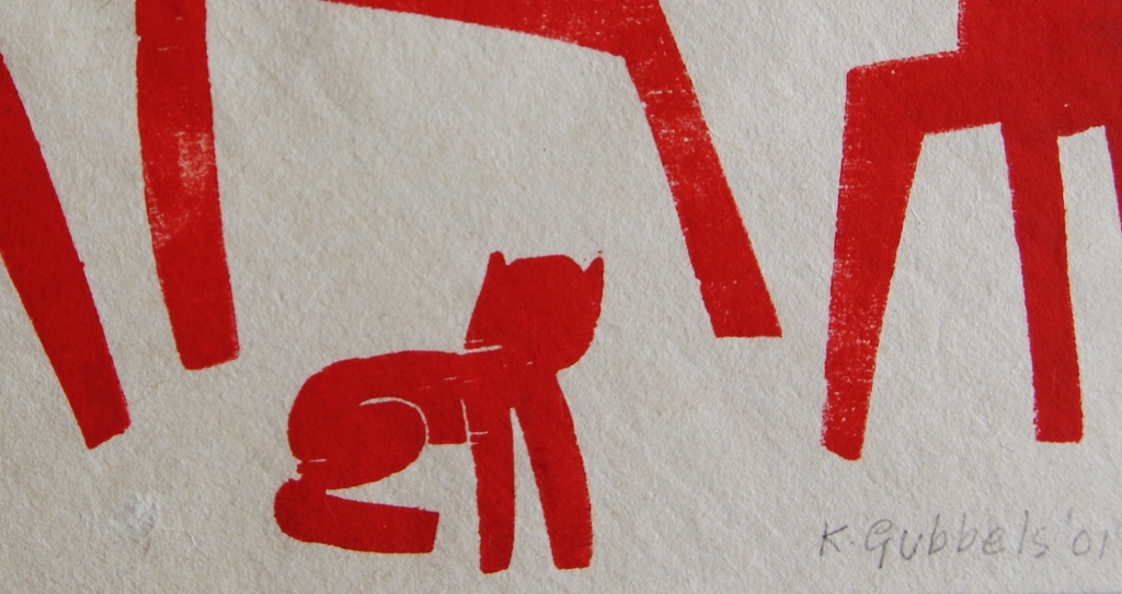 Klaas Gubbels houtdruk 'Interieur met poes' - 2001- oplage 1 exemplaar. kopen? Bied vanaf 250!