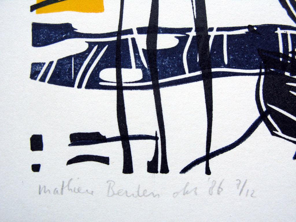 MATHIEU BERDEN - abstract werk LINOSNEDE gesigneerd & INGELIJST.  kopen? Bied vanaf 50!