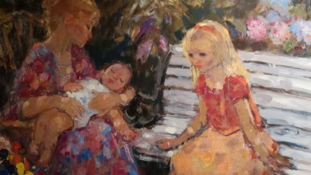 prachtig schilderij - olieverf op papier - onbekend kunstenaar - "kindergeluk" verkocht voor € 55!