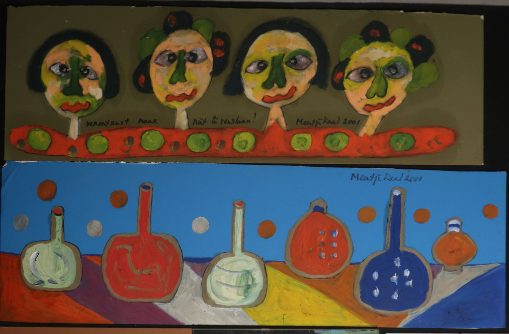 Lot met 6x gemengde techniek van Meertje Kaal, o.a. Help! onze dollarblik lijdt kopen? Bied vanaf 1!