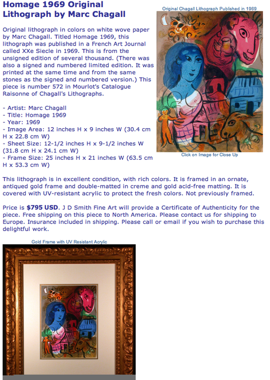Marc Chagall,originele lithografie,Hommage a Marc Chagall kopen? Bied vanaf 295!
