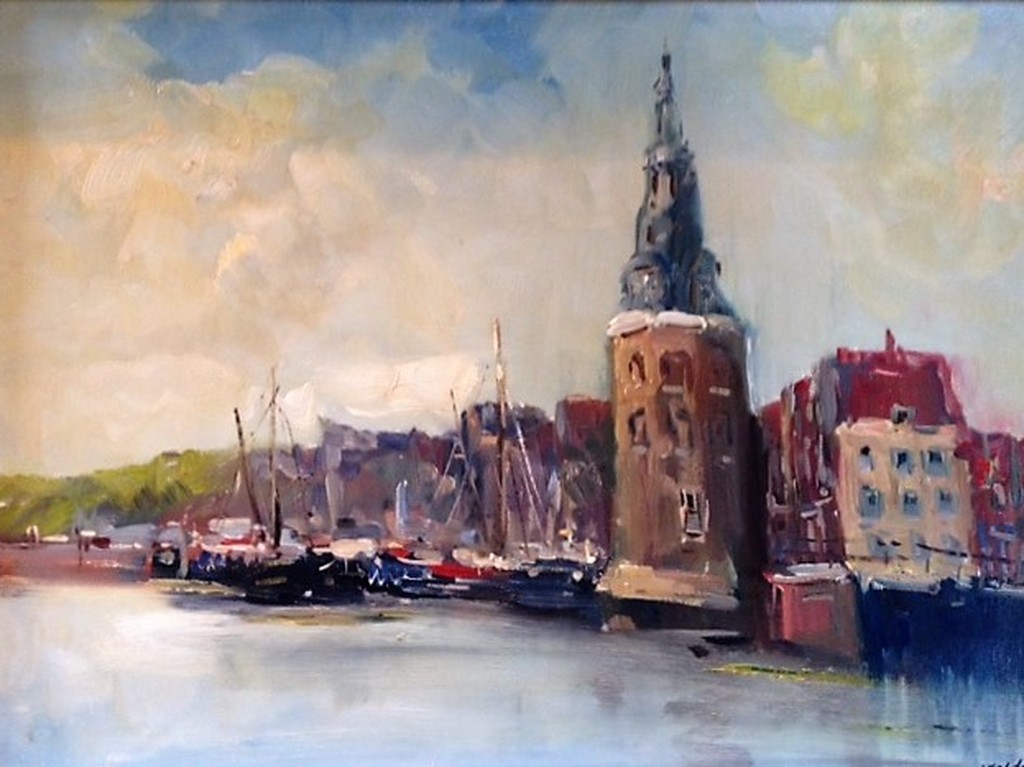 Jan Kelderman (1914-1990), olieverf op doek, Zicht op de plaats Hoorn kopen? Bied vanaf 50!