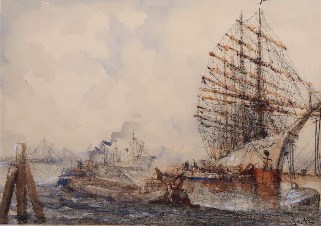 Onbekend gesigneerd: Pasteltekening, Boten in de haven - Ingelijst kopen? Bied vanaf 1!