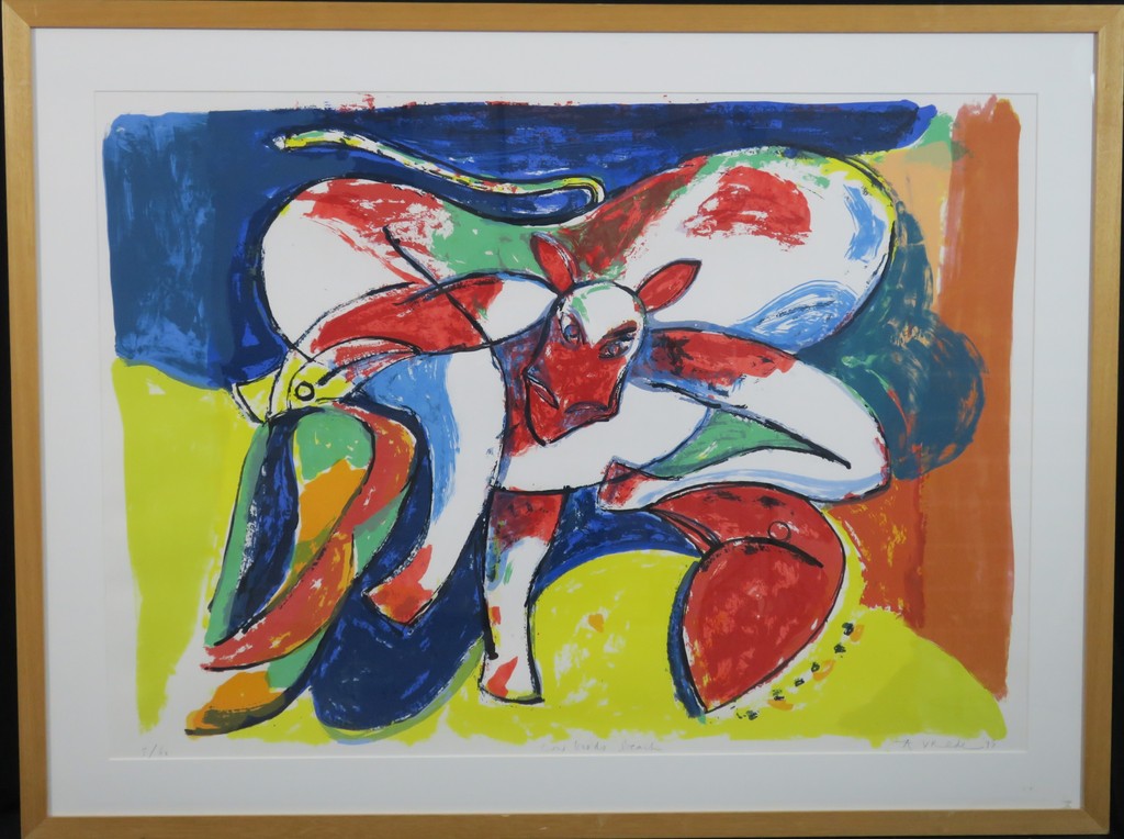 Anton Vrede: Zeefdruk, Cow birds beach - Ingelijst (Groot) kopen? Bied vanaf 70!