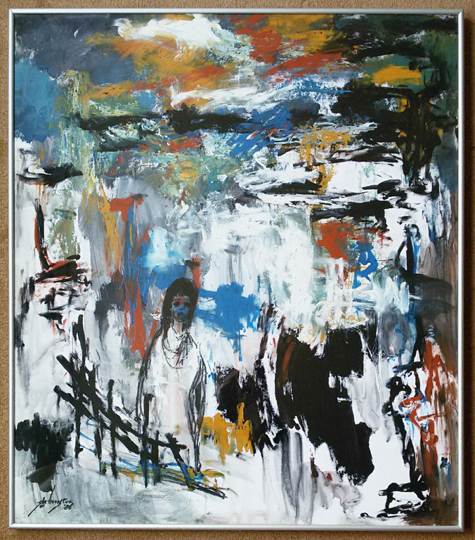 Jelle Hoogstra - Vrouw in expressionistisch landschap, gouache (mooi ingelijst) kopen? Bied vanaf 150!