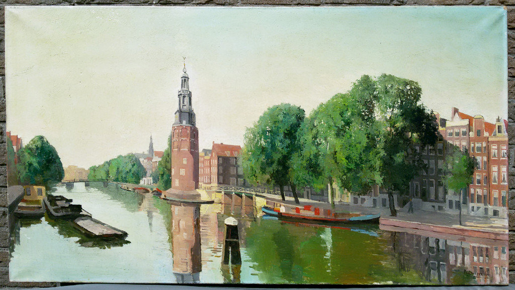 Paul van der Ven - Oudeschans met de Montelbaanstoren, olieverf op doek (groot) kopen? Bied vanaf 175!