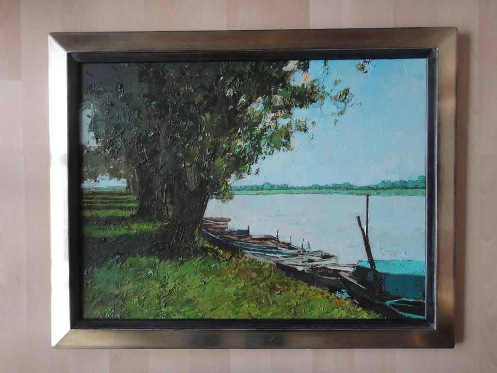 Pieter Vierhout, olieverf op doek, bootjes aan rivierbedding (toegeschreven aan) verkocht voor € 95!