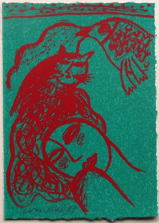 Corneille: vrouw,kat en vogel in rood en groen verkocht voor € 90!