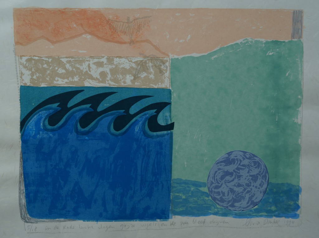 Maria Donker - gesigneerde houtsnede - in de rode lucht vlogen .......... - 1994 kopen? Bied vanaf 1!