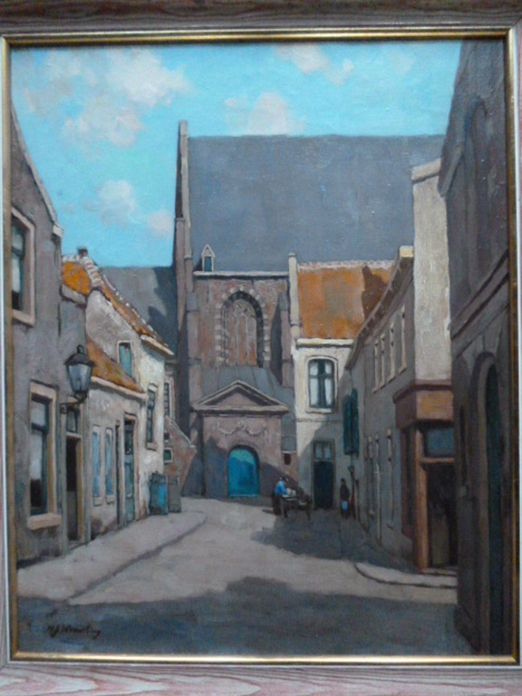 Hendrik Jan Wesseling-olieverf-Lange Begijnenstraat en Waalse Kerk Haarlem verkocht voor € 595!