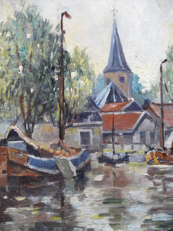 Onduidelijk gesigneerd, olieverf op doek, Dorpsgezicht met botter in haven kopen? Bied vanaf 50!