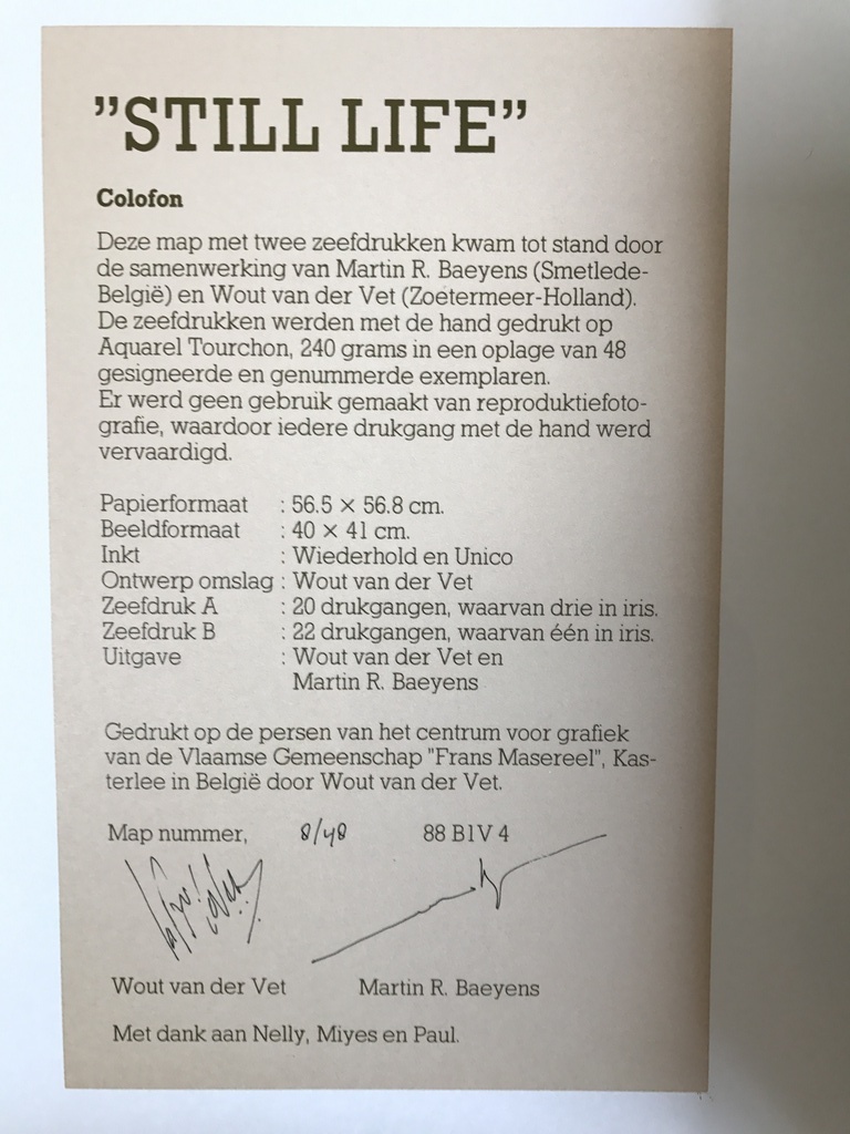 2 x Martin R Baeyens ( Wout v/d Vet )  zeefdrukken Titel: Still life 1 en 2 kopen? Bied vanaf 1!