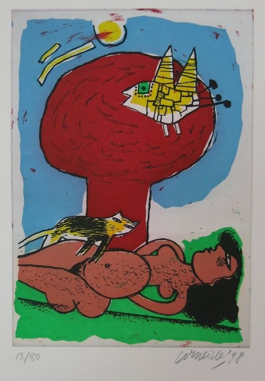 Corneille: Ets en Aquatint, Naakt met kat en vogel kopen? Bied vanaf 120!
