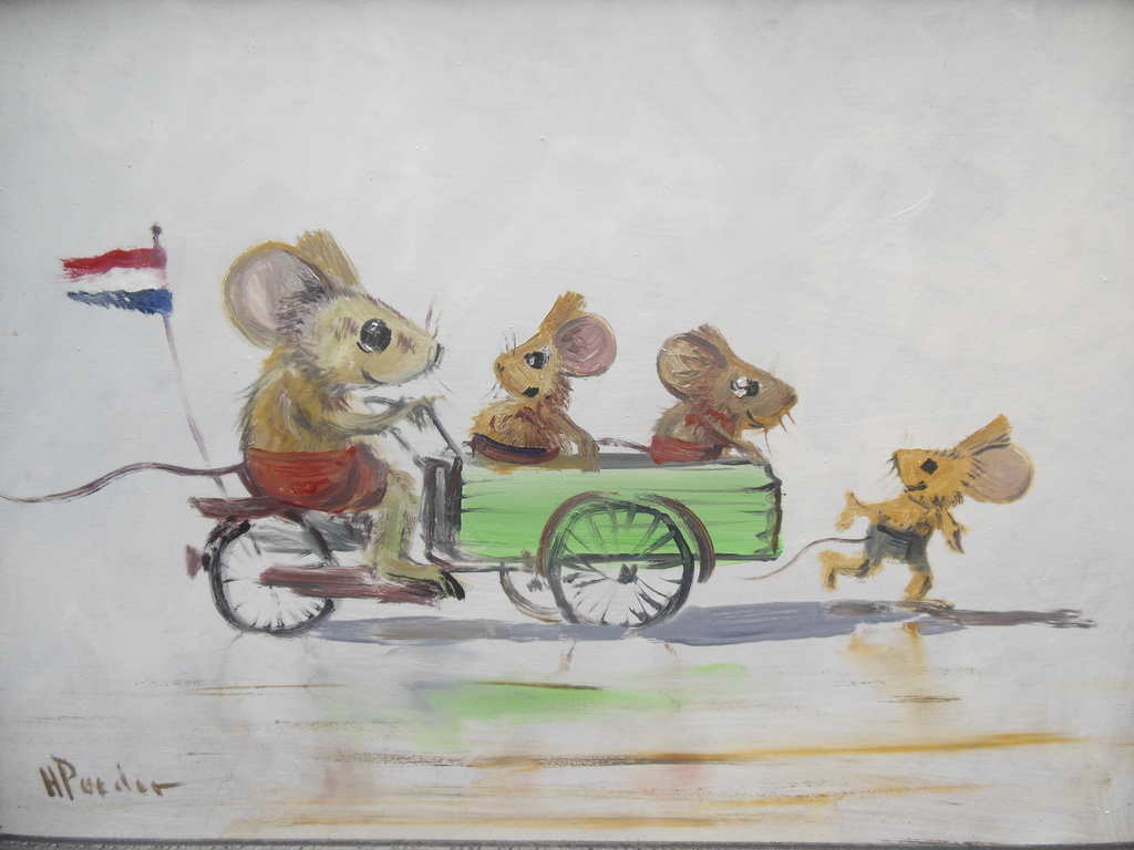 Henk Poeder: Olieverf, Muizen met bakfiets verkocht voor € 68!