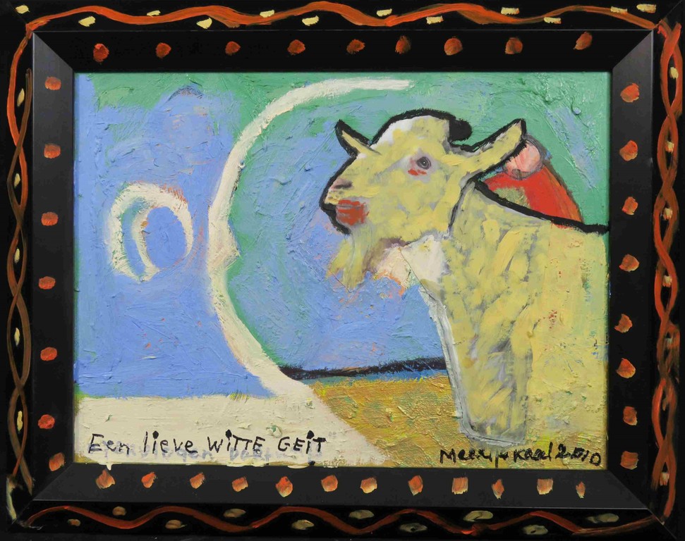 Meertje Kaal: Olieverf en collage op doek, Een lieve witte geit - Ingelijst kopen? Bied vanaf 1!