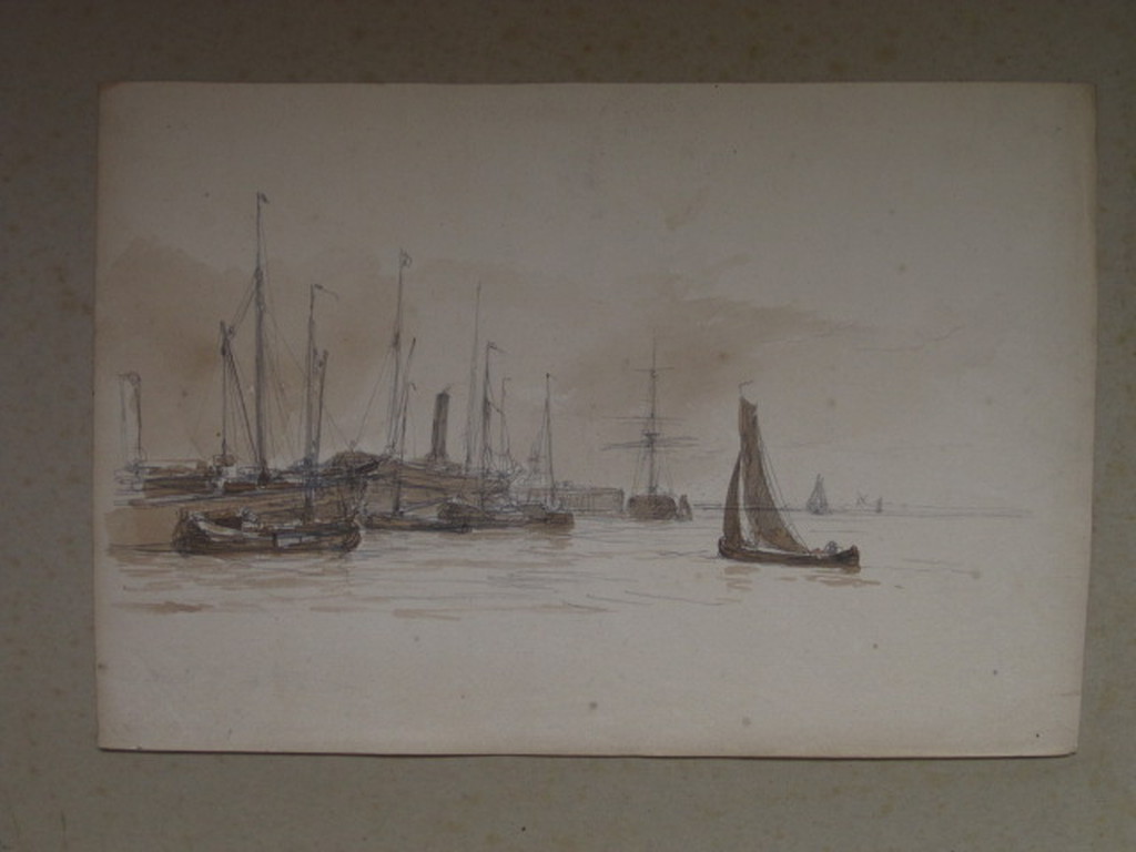 19e eeuwse Aquarel/Houtskool "haven Amsterdam" van George L Kiers (1838-1916) kopen? Bied vanaf 1!