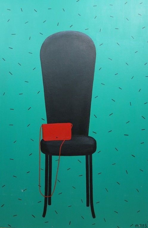 Mari Ros: Acryl op board, Rood tasje op zwarte stoel (groot) kopen? Bied vanaf 1!