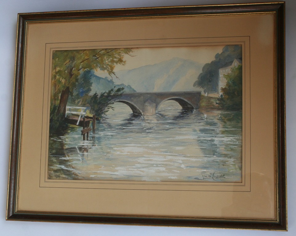 Onbekende kunstenaar - aquarel - oude brug over rivier in de bergen - gesigneerd kopen? Bied vanaf 1!